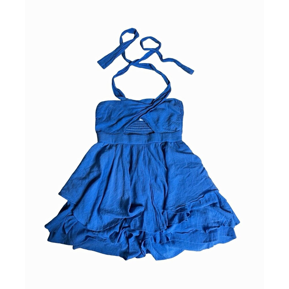 Princess Polly Women’s Size 6 Blue Solid Halter Smocked Ruffle Tie Mini Romper